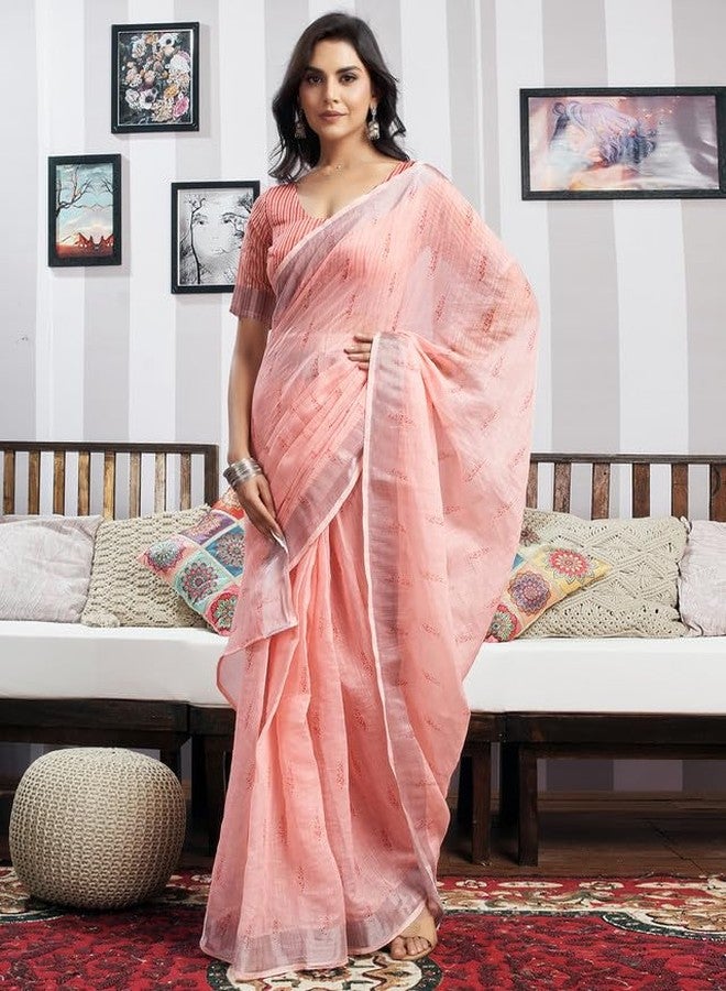 سيريل ساري نسائي من سيريل، مصنوع من القطن، مطبوع عليه خطوط زاري، جاهز للارتداء في دقيقة واحدة، مع قطعة بلوزة غير مخيطة. - Image 3